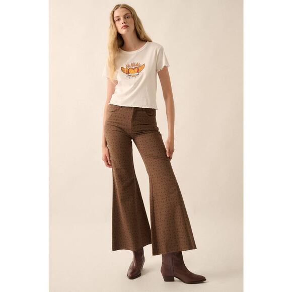 Promesa Chocolate Size Medium Floral Twill Cropped High-Waist Flare Pants - Picture 5 of 6